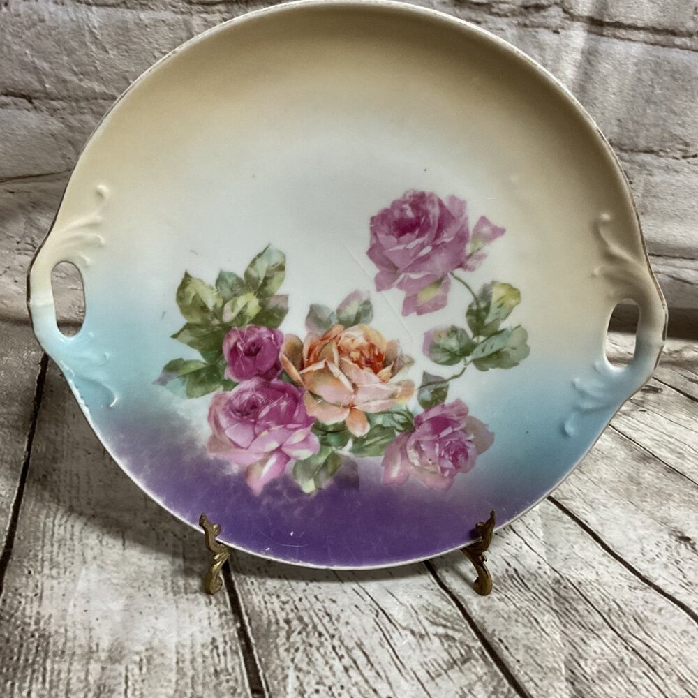 Vintage Germany Porcelain Handled Cake Plate Floral Rose Motif Pastels 9"